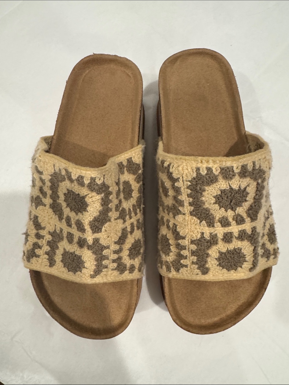 Beige Crochet Slide Sandals with Patterned Upper